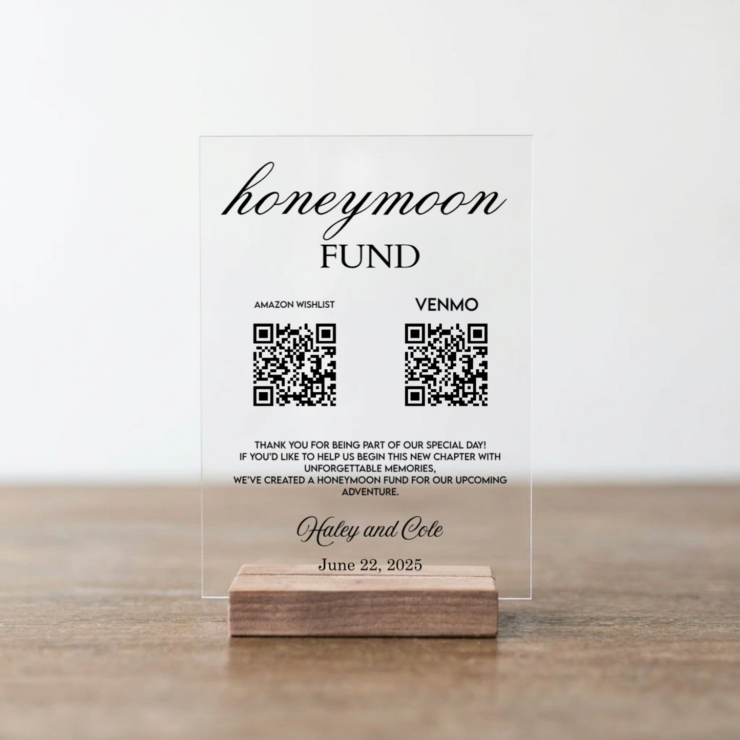 Customized Honeymoon Fund QR Code Acrylic Sign