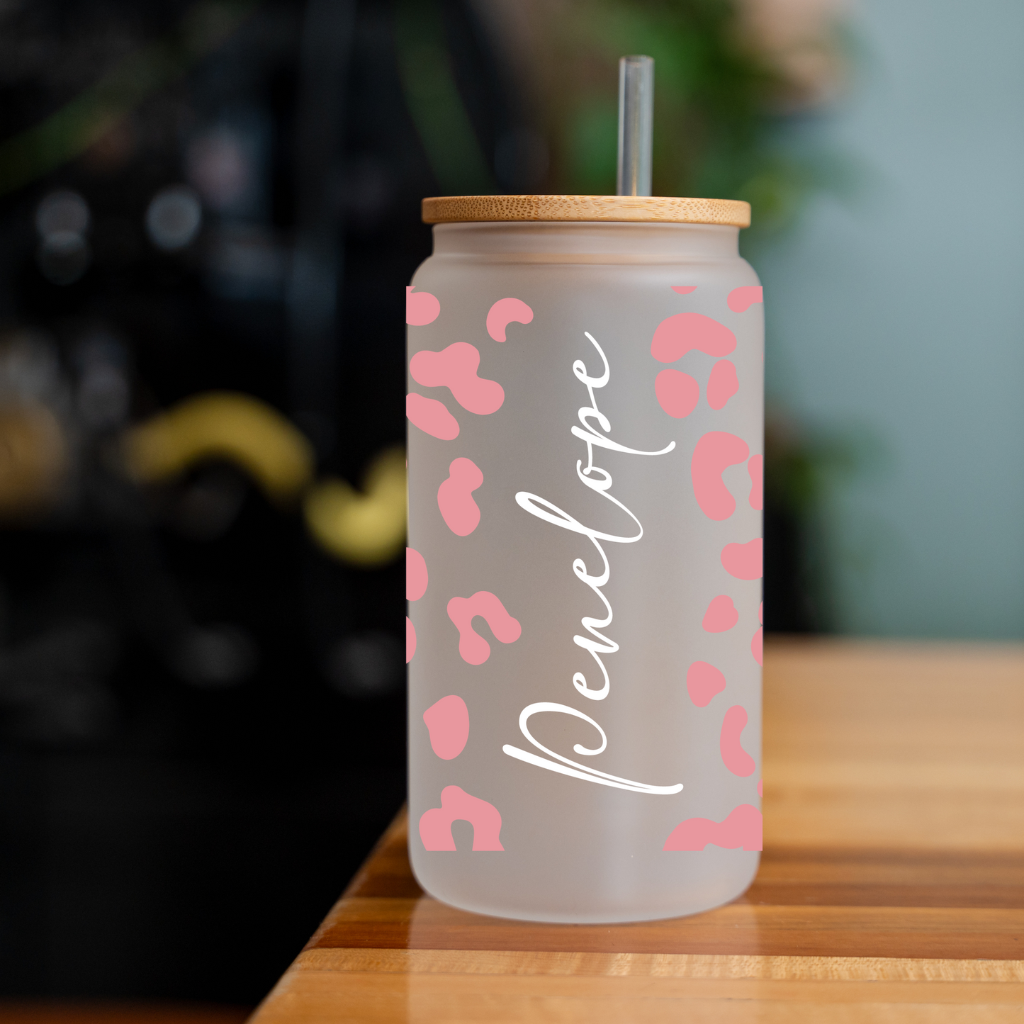 Customized Leopard Print Glass Can Cup with Bamboo Lid