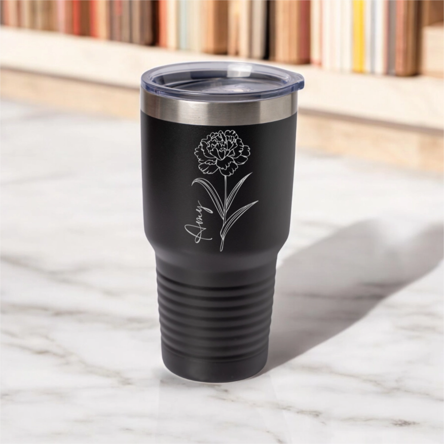 Customized 30oz Tumbler with Silver Lip - Birth Flower Designs (Vertical Name)