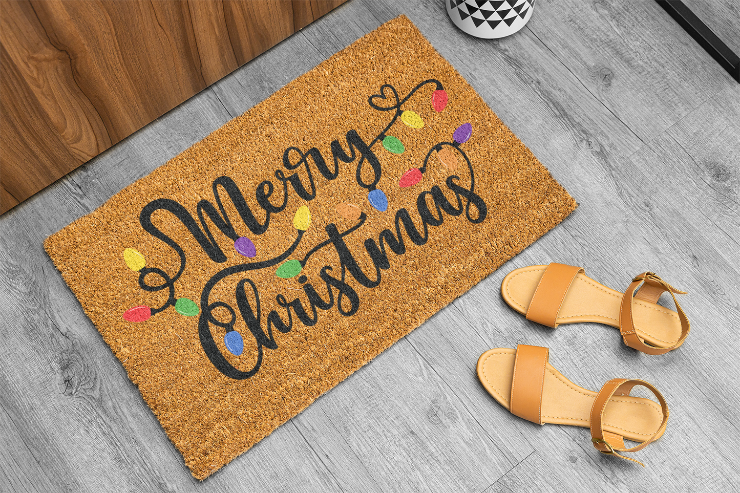 Merry Christmas Doormat with Colorful Lights