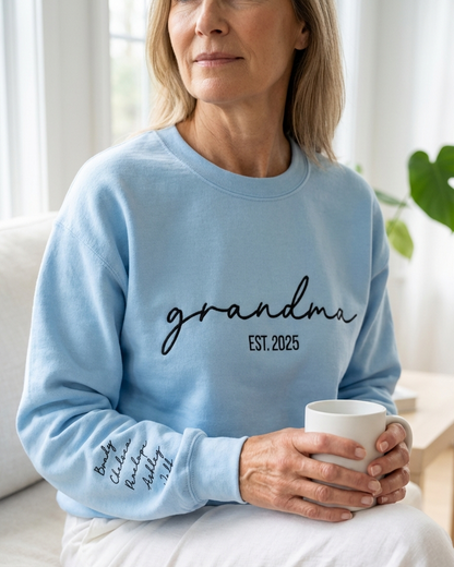 Custom Embroidered Grandma Sweatshirt with Names on Sleeve