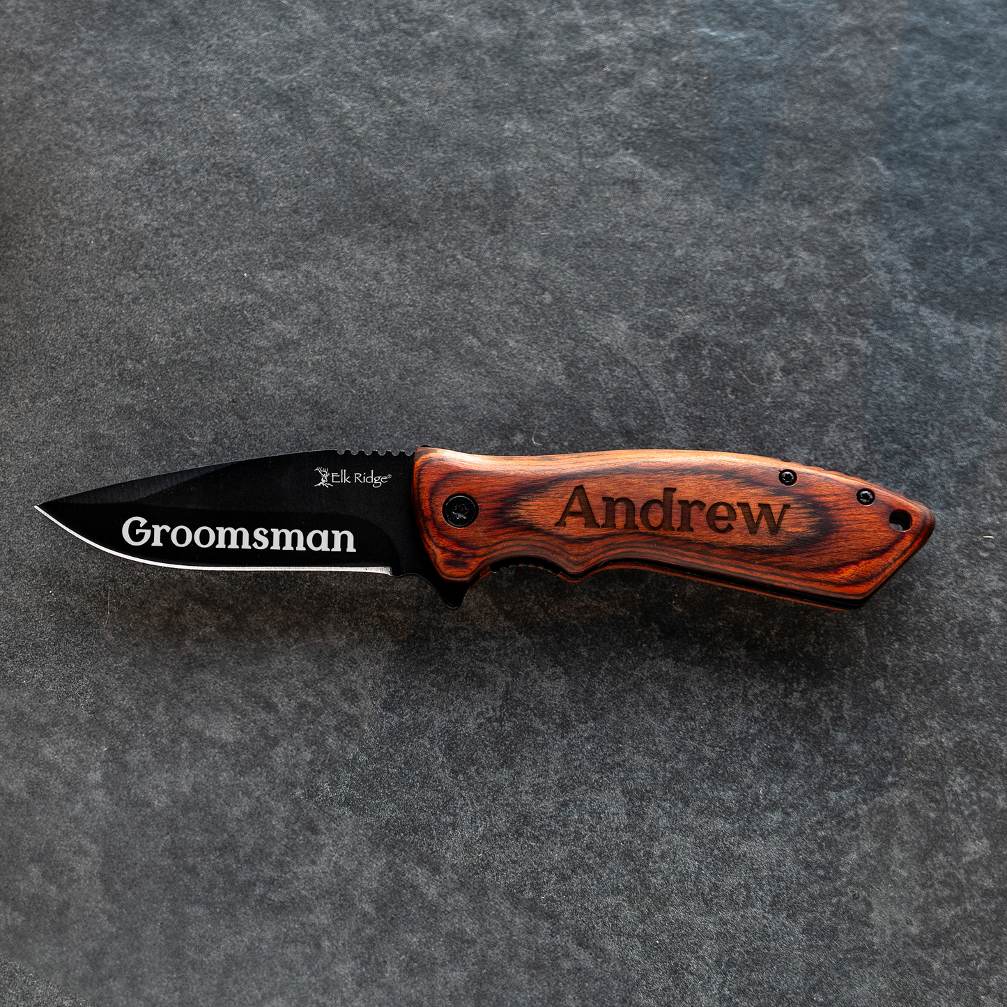 Set of 5  Red Wood Handle Black blade Knives - Groomsmen Gift
