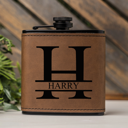 Customized Leather Wrapped Black Flasks - Manly Script