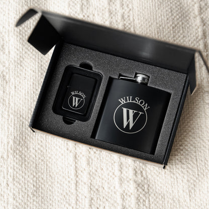 Set of 5 Personalized Black Flask and Lighter Sets - Groomsmen Gift