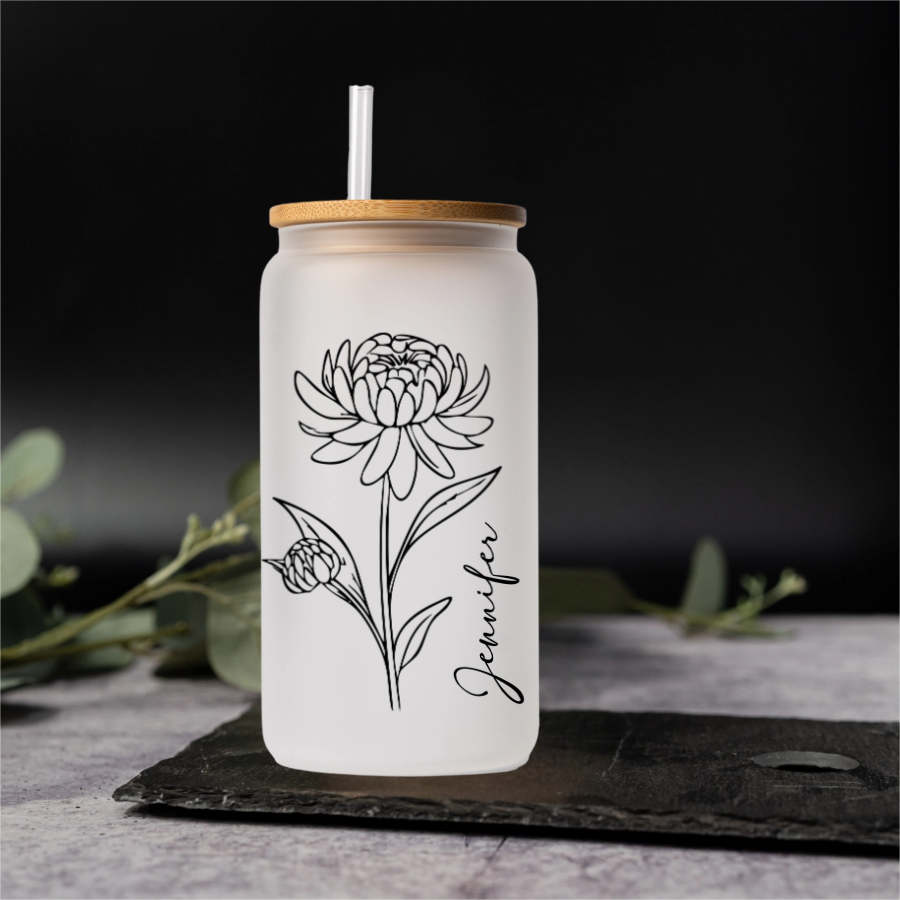 Customized Glass Cans - Birth Flower Designs (Vertical Name)