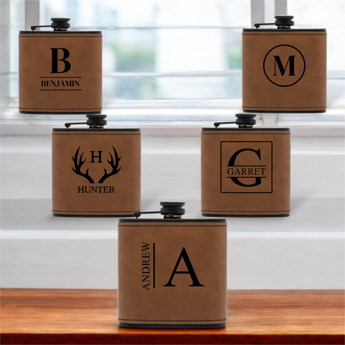Groomsmen Gift Set of 5 Black Leather Flasks