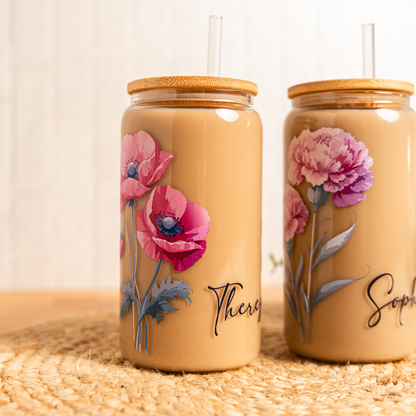 Personalized Color Birth Flower Glass Cans with Lid