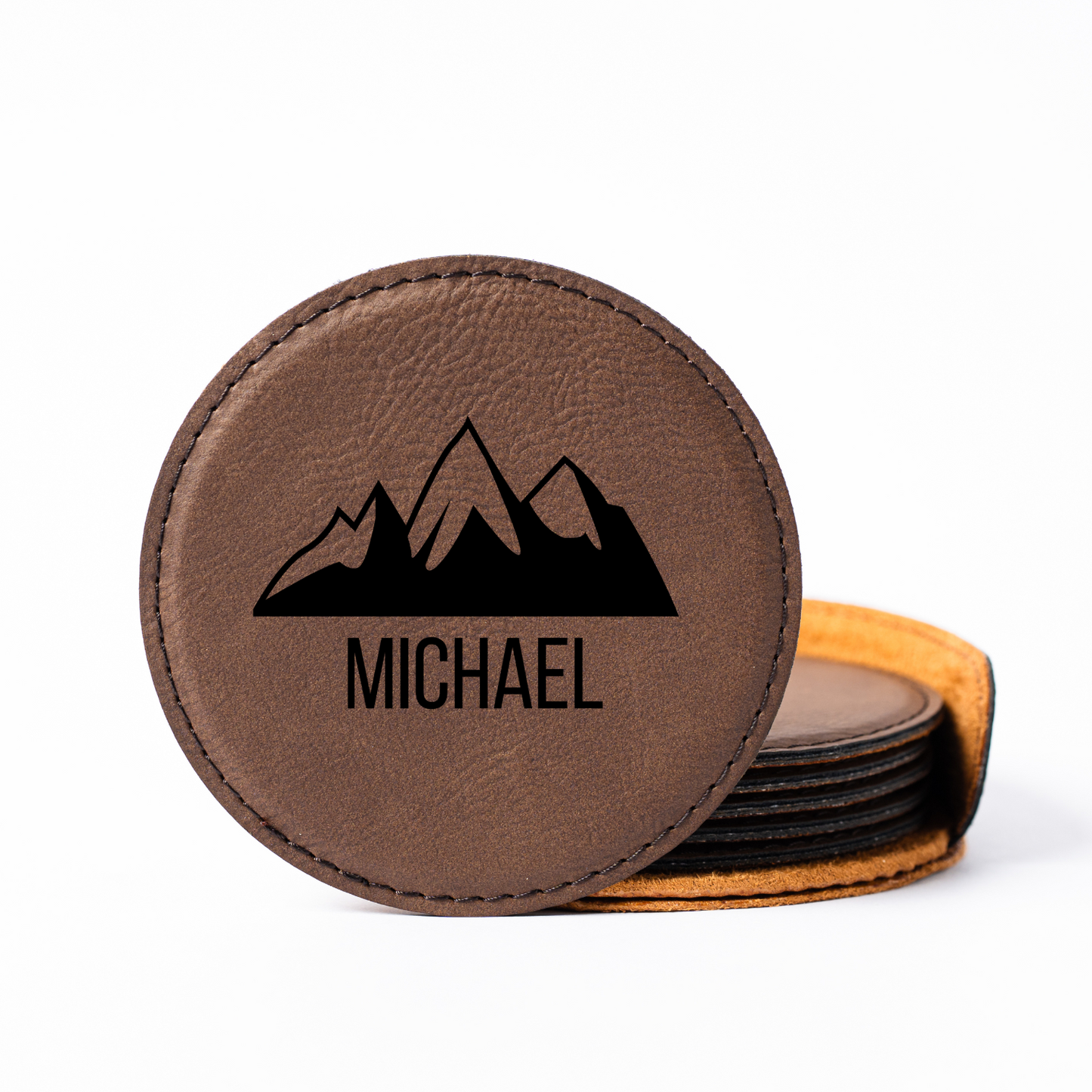 Customized Dark Brown Leather Round Coaster Set