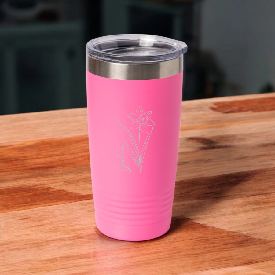 Customized 20oz Tumbler with Silver Lip - Birth Flower Designs (Vertical Name)