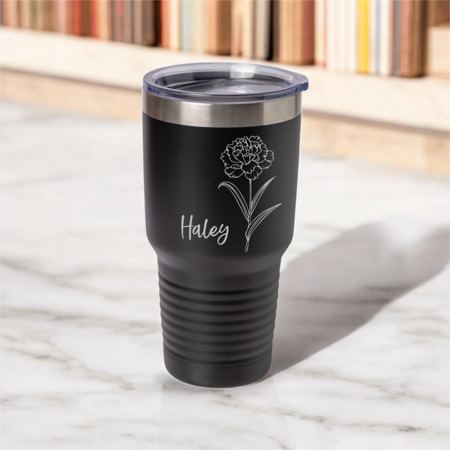 Customized 30oz Tumbler with Silver Lip - Birth Flower Designs (Horizontal Name)