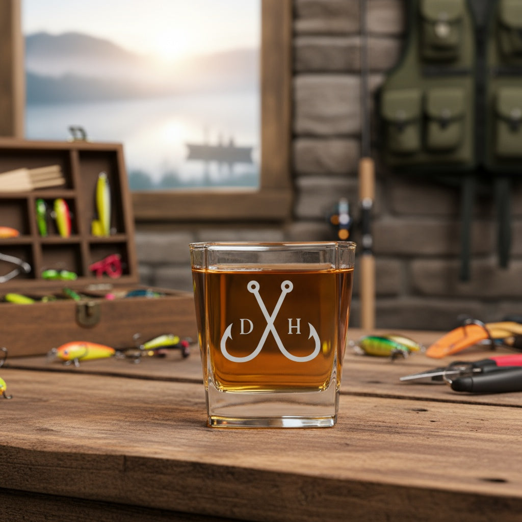 Fishing Design Square Lowball Whiskey Glasses