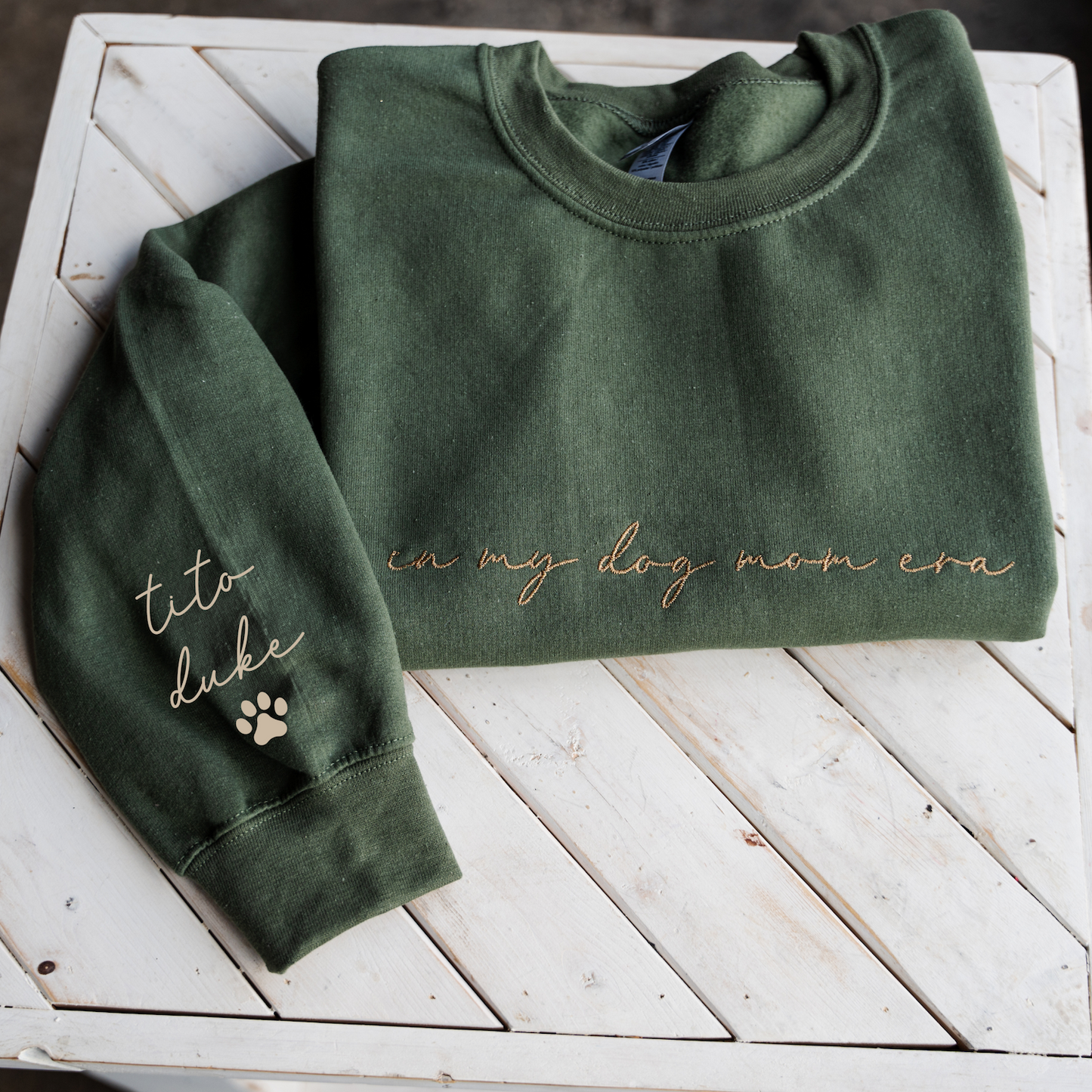 Customized In My Dog Mom Era Crewneck with Names on Sleeve