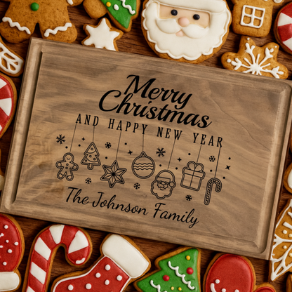 A personalized cutting board made from rich walnut wood engraved with “Merry Christmas and Happy New Year” above festive icons of gingerbread men, trees, stars, ornaments, Santa, gifts, and candy canes. Surrounded by decorated holiday cookies in red, white, and green, this warm, cozy setup highlights a custom cutting board gift perfect for Christmas baking, family gatherings, or personalized holiday décor.
