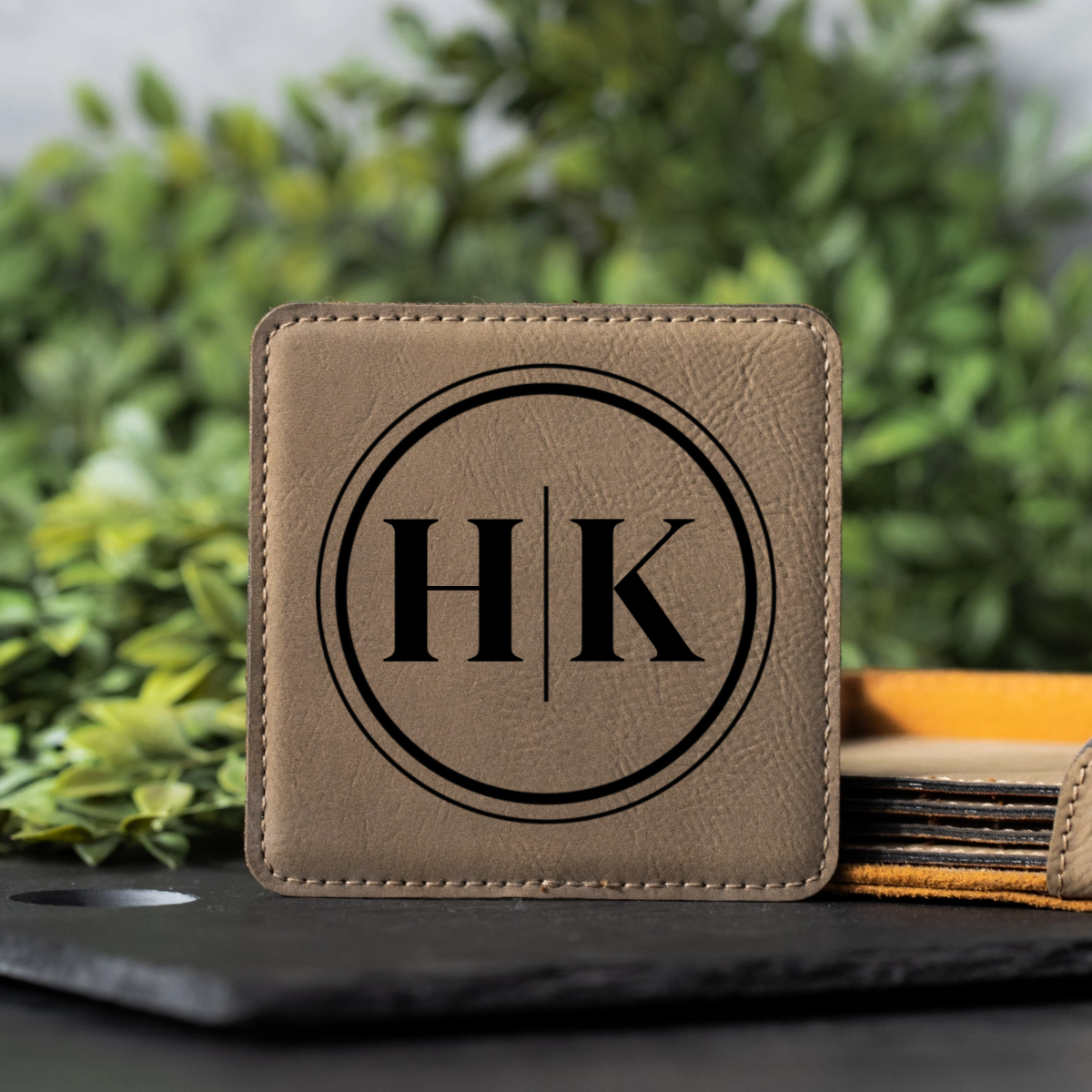 Customized Light Brown Leather Coasters - Signature Designs