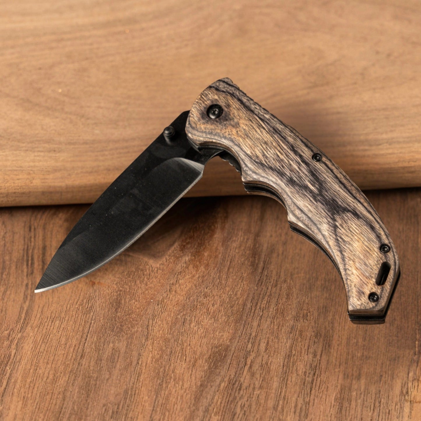 Customized Grey Wood Hunting Knife - Black Blade