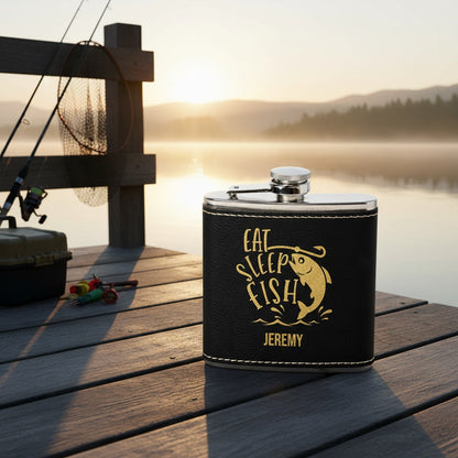 Customized Leather Wrapped Flasks With Fishing Designs
