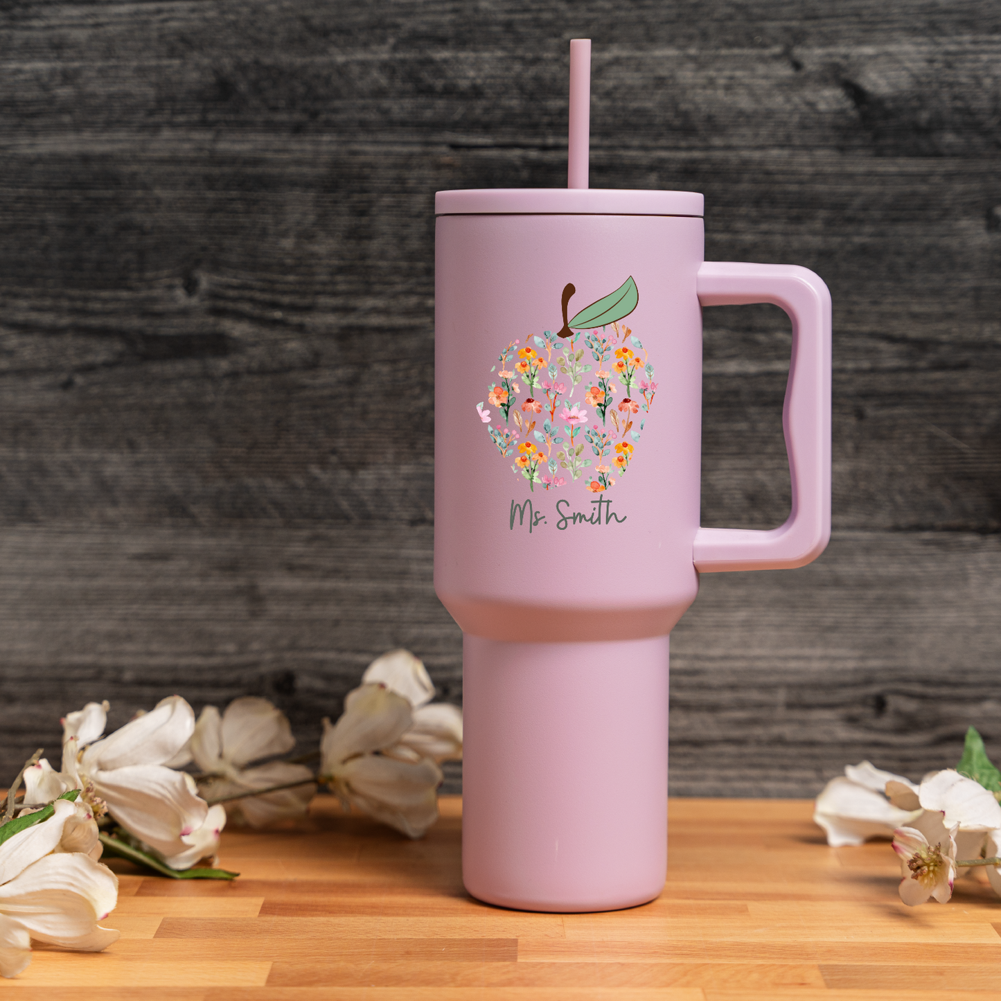 Customized Teacher Tumbler with Floral Apple and Name