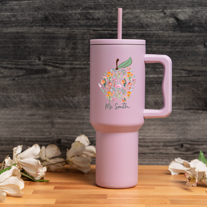 Customized Teacher Tumbler with Floral Apple and Name