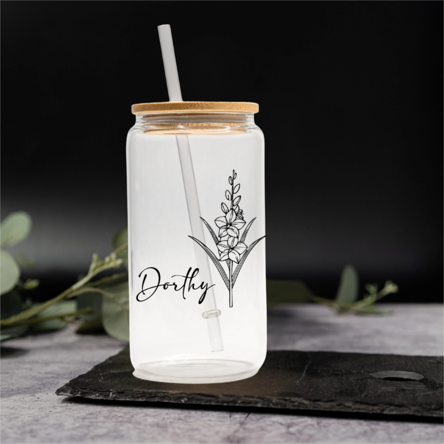 Customized Glass Cans - Birth Flower Designs (Horizontal Name)