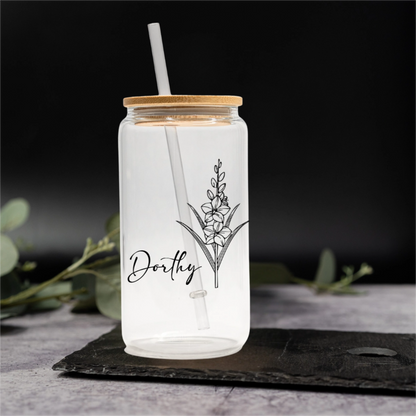 Customized Glass Cans - Birth Flower Designs (Horizontal Name)