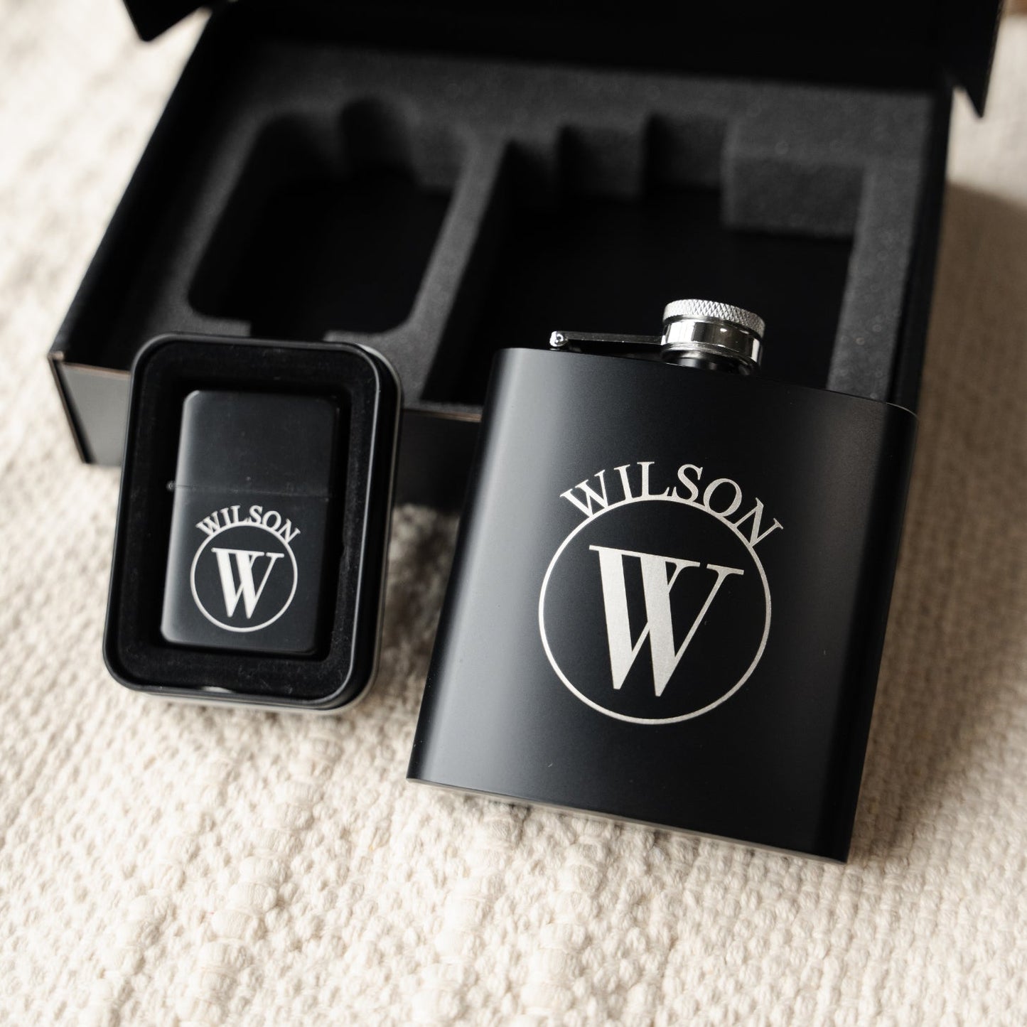 Customized Black Flask & Lighter Gift Set