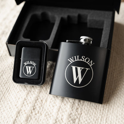 Customized Black Flask & Lighter Gift Set