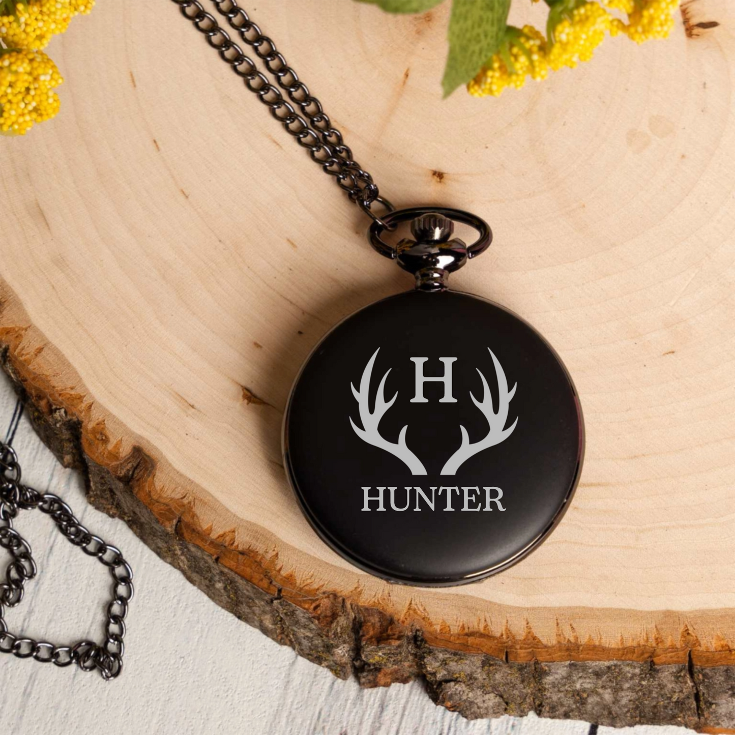 Engraved Black Pocket Watch
