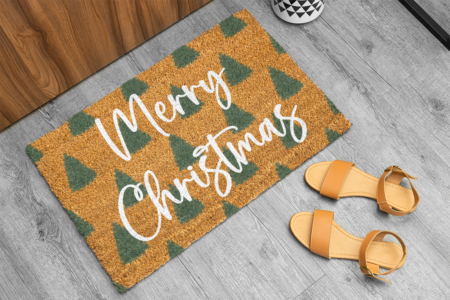Merry Christmas Doormat with Green Trees