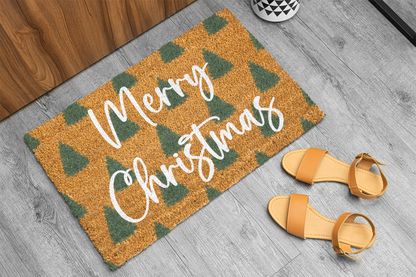 Merry Christmas Doormat with Green Trees