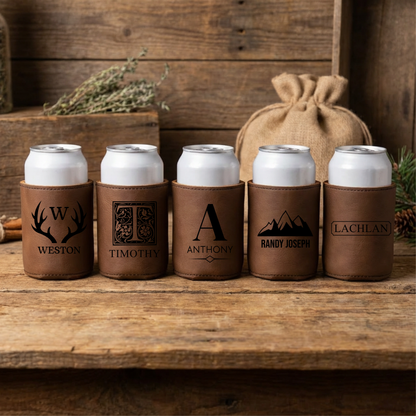 Set of 5 Custom Leather Can Coolers - Groomsmen Gift