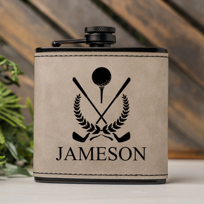 Customized Leather Wrapped Black Golf Flasks