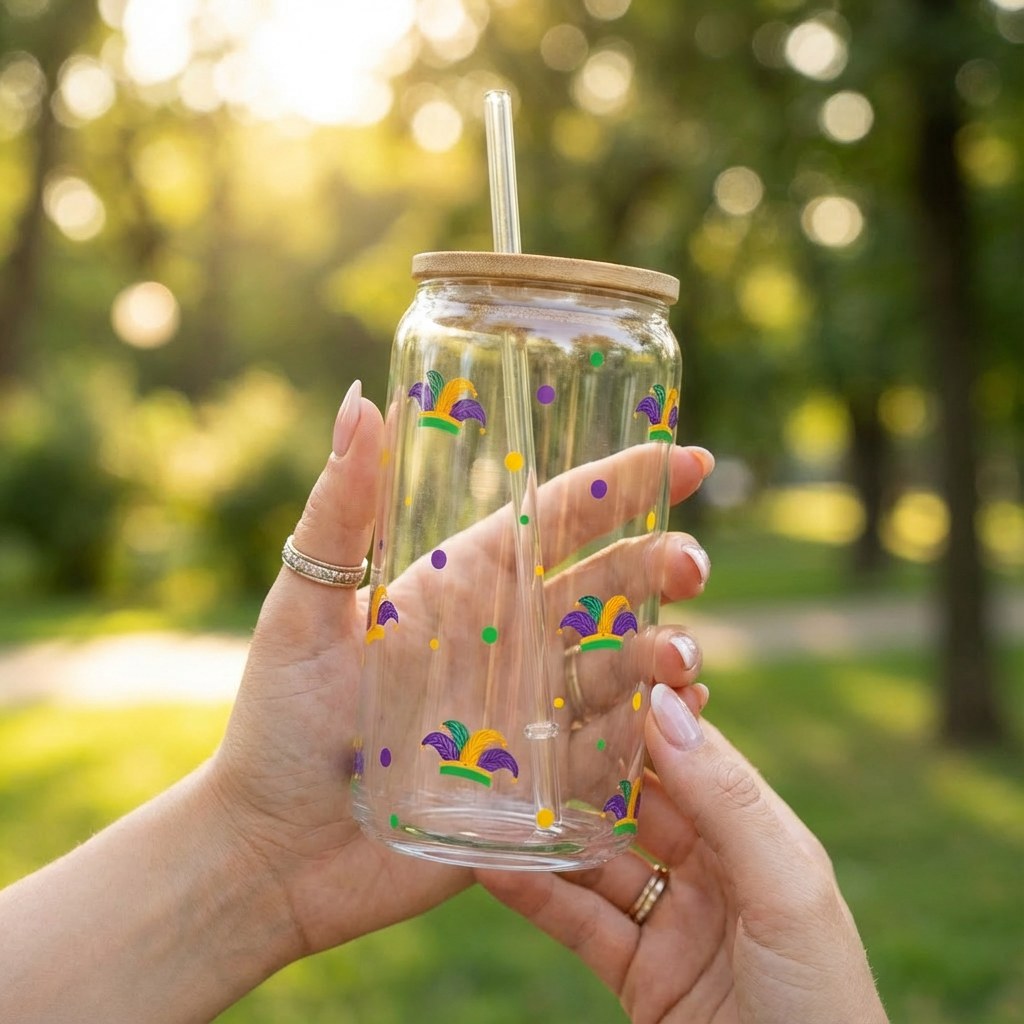 Glass Can with Bamboo Lid - Mardi Gras Themed