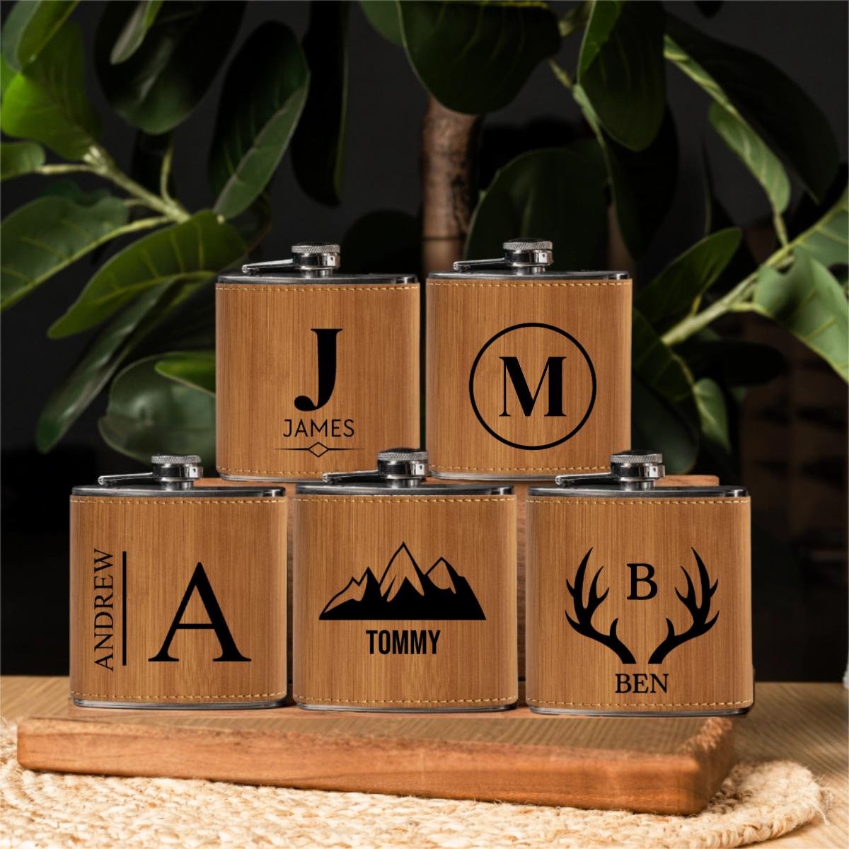 Groomsmen Gift Set of 5 Leather Wrapped Stainless Flasks