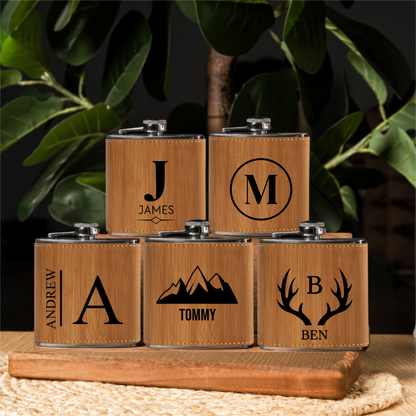 Groomsmen Gift Set of 5 Leather Wrapped Stainless Flasks