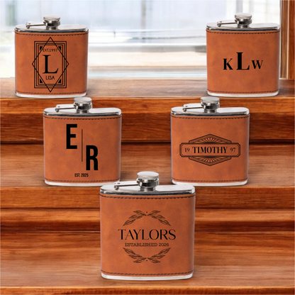 Set of 5 Leather Wrapped Stainless Flasks - Signature Designs Groomsmen Gift