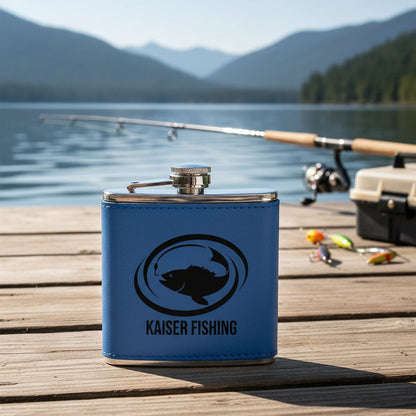 Customized Leather Wrapped Flasks With Fishing Designs