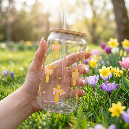 Glass Can with Bamboo Lid - Easter Themed
