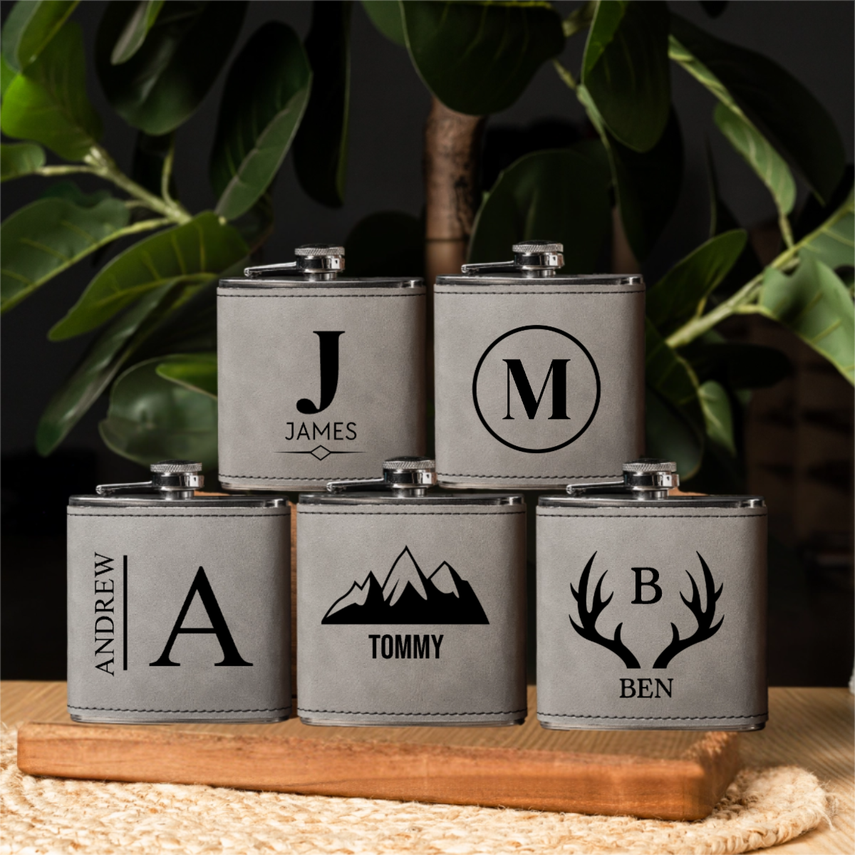 Groomsmen Gift Set of 5 Leather Wrapped Stainless Flasks