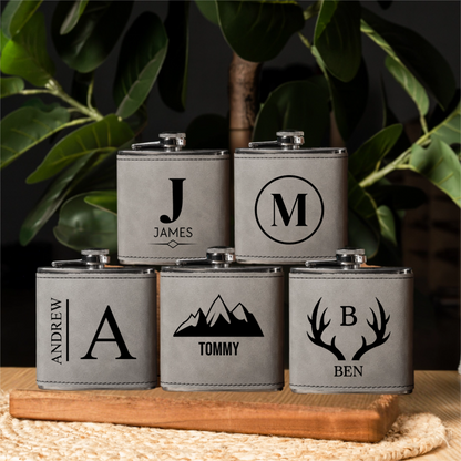 Groomsmen Gift Set of 5 Leather Wrapped Stainless Flasks