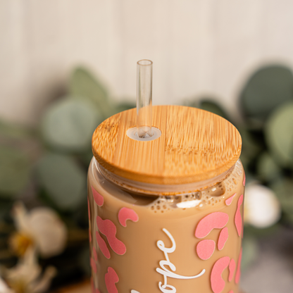 Customized Leopard Print Glass Can Cup with Bamboo Lid