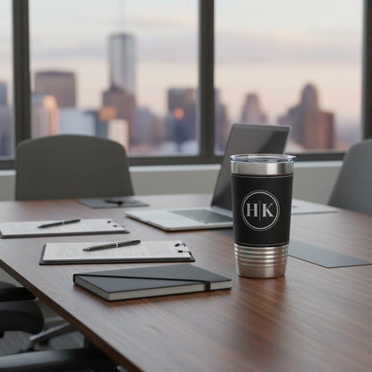 Customized Black & Rustic Leather Wrapped Tumbler - Signature Designs