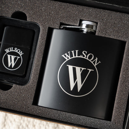 Set of 5 Personalized Black Flask and Lighter Sets - Groomsmen Gift