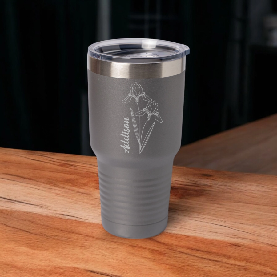 Customized 30oz Tumbler with Silver Lip - Birth Flower Designs (Vertical Name)