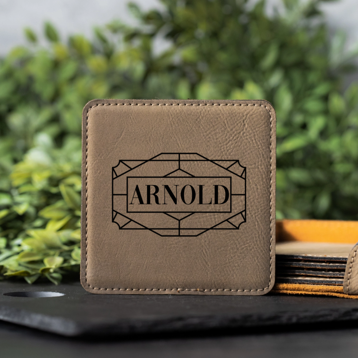 Customized Light Brown Leather Coasters - Signature Designs