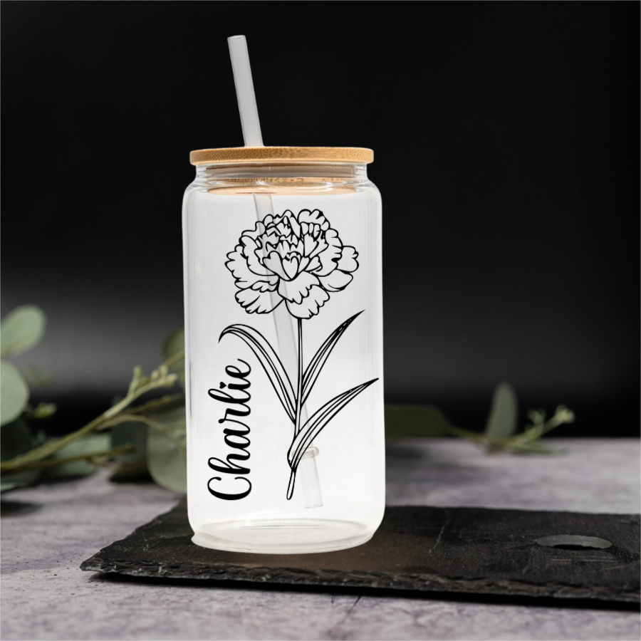Customized Glass Cans - Birth Flower Designs (Vertical Name)