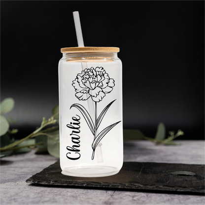 Customized Glass Cans - Birth Flower Designs (Vertical Name)