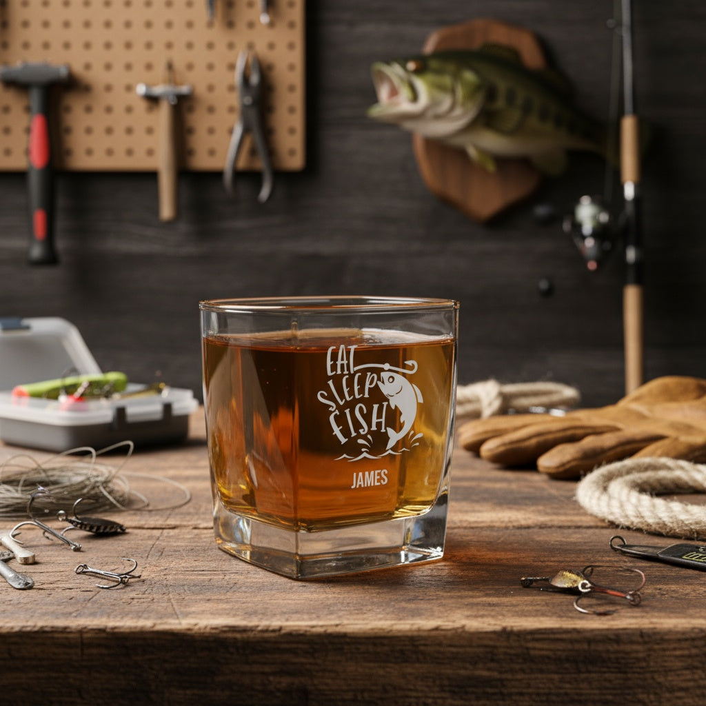 Fishing Design Square Lowball Whiskey Glasses