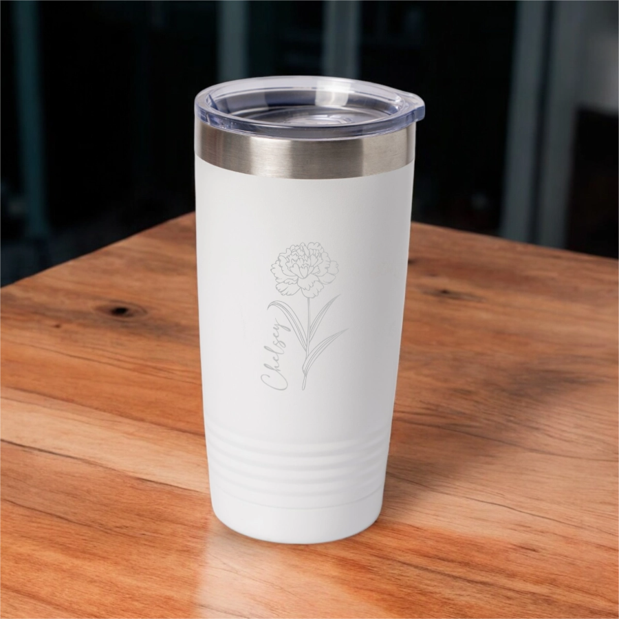 Customized 20oz Tumbler with Silver Lip - Birth Flower Designs (Vertical Name)