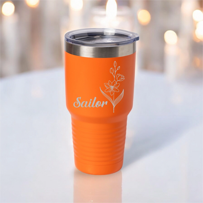Customized 30oz Tumbler with Silver Lip - Birth Flower Designs (Horizontal Name)