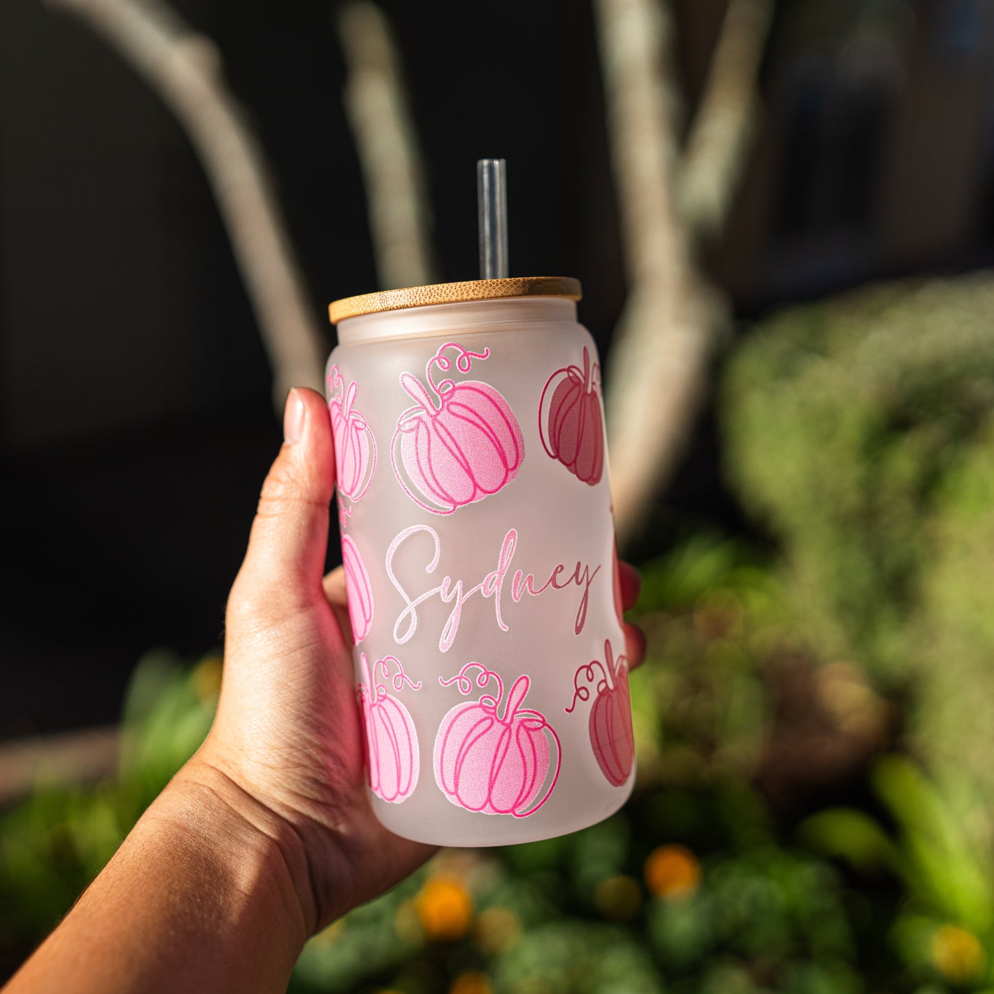Custom 16oz Glass Can with Pumpkin Print